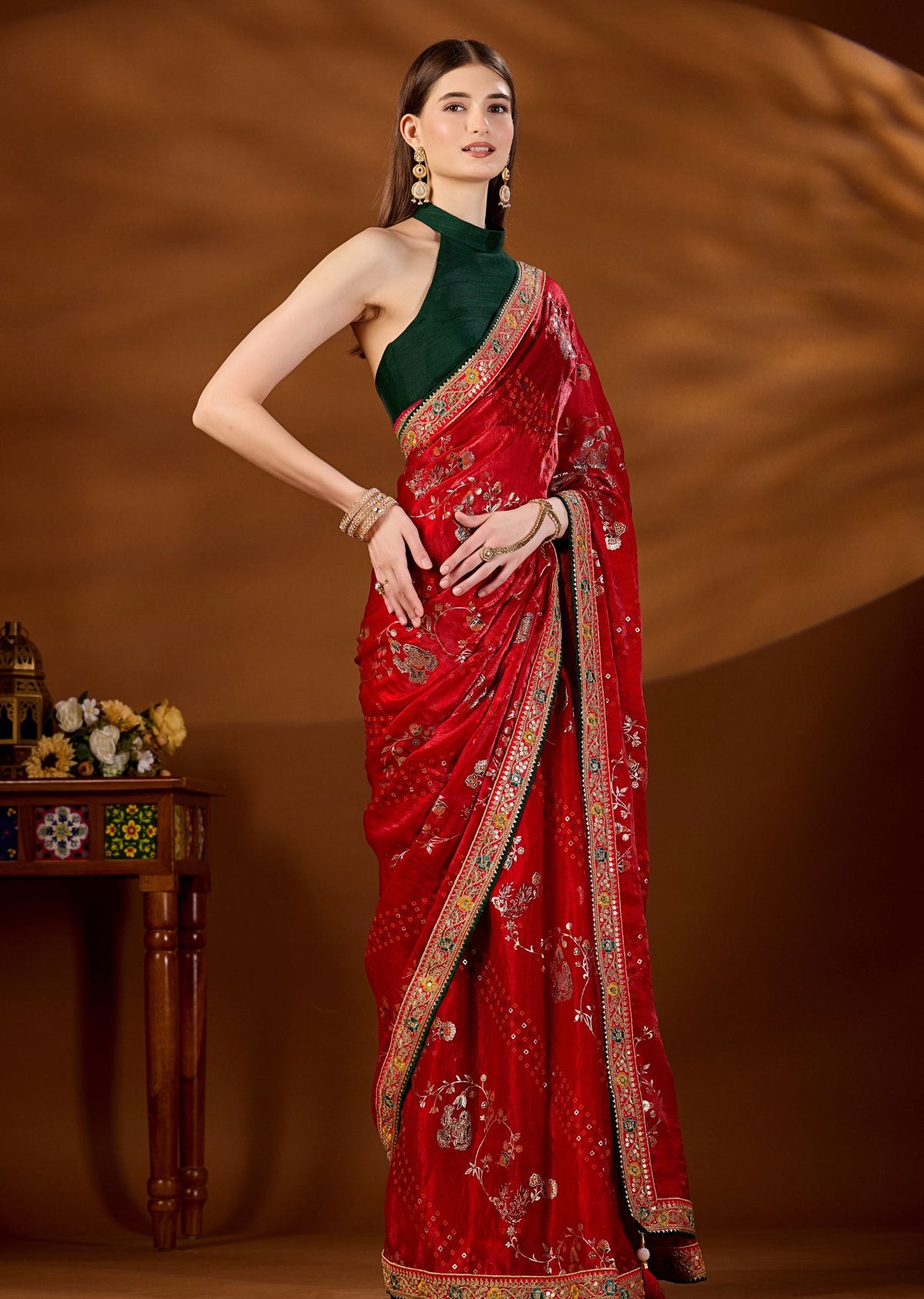 Red Art Silk Saree With Zari Peacock Floral Jaal - Front Look | Buy Online Ethnic9
