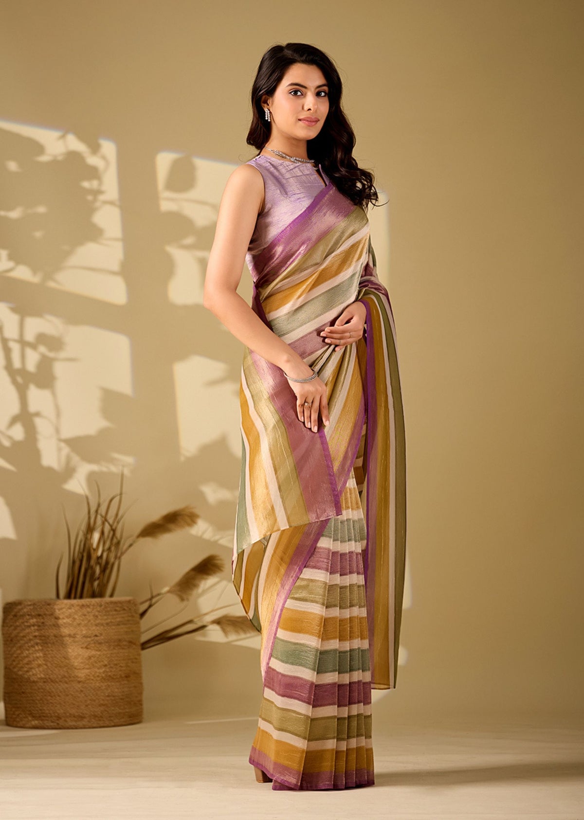 purple multicolor striped tissue silk saree back view