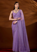 Lavender Purple Chiffon Saree With Sequin Floral Motifs - Front Look | Buy Online Ethnic9
