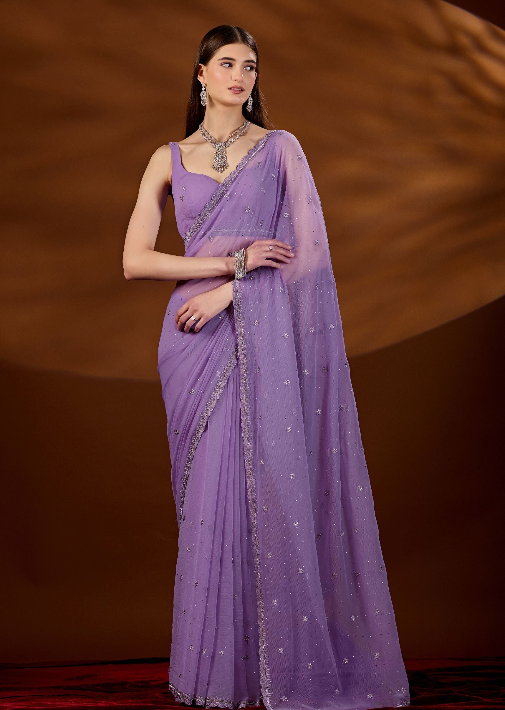 Lavender Purple Chiffon Saree With Sequin Floral Motifs - Front Look | Buy Online Ethnic9