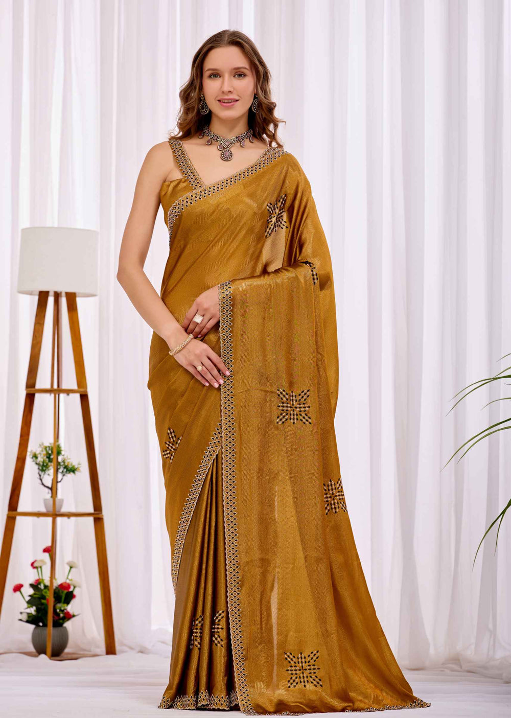 Yellow Italian Silk Saree With Diamond Pattern Border And Bead Motifs