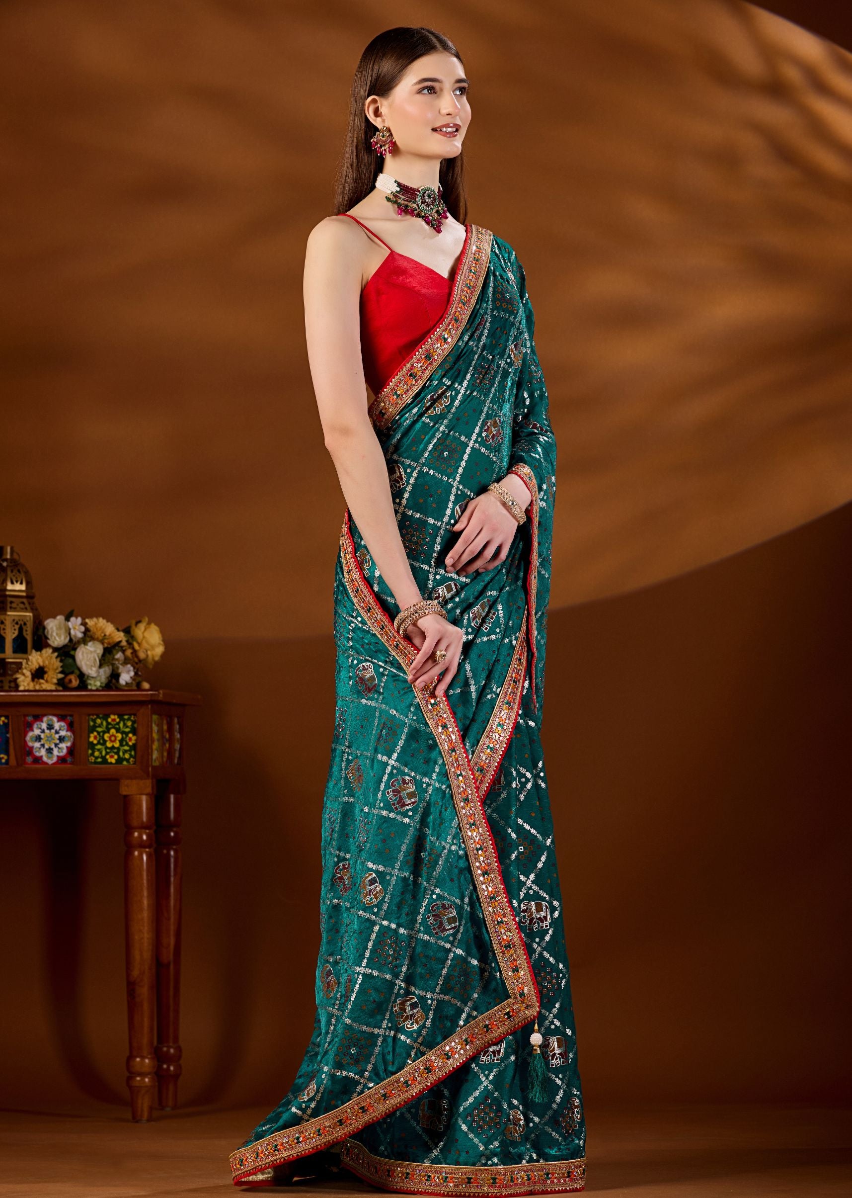 Firozi Art Silk Saree With Matching Blouse - Wedding Wear Look