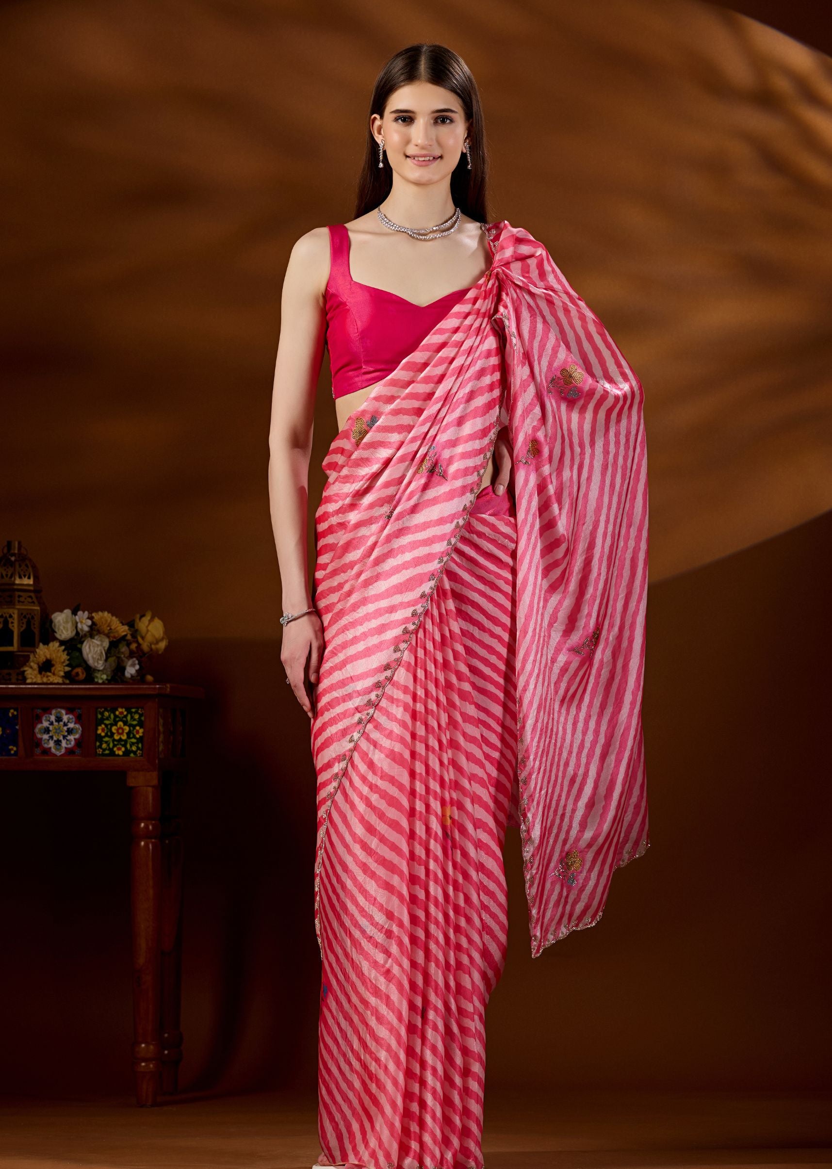Red Pink Silk Saree Floral Booti Close Up - Party Wear Saree