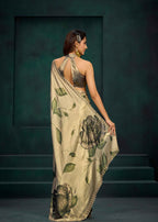 Green Rose And Leaf Printed Satin Silk Saree With Embellished Border