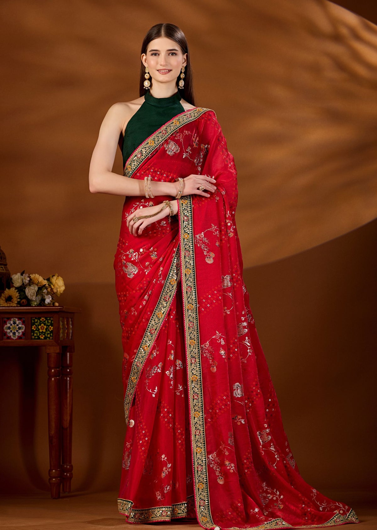 Pink Art Silk Saree With Zari Peacock Floral Jaal - Front Look | Buy Online Ethnic9