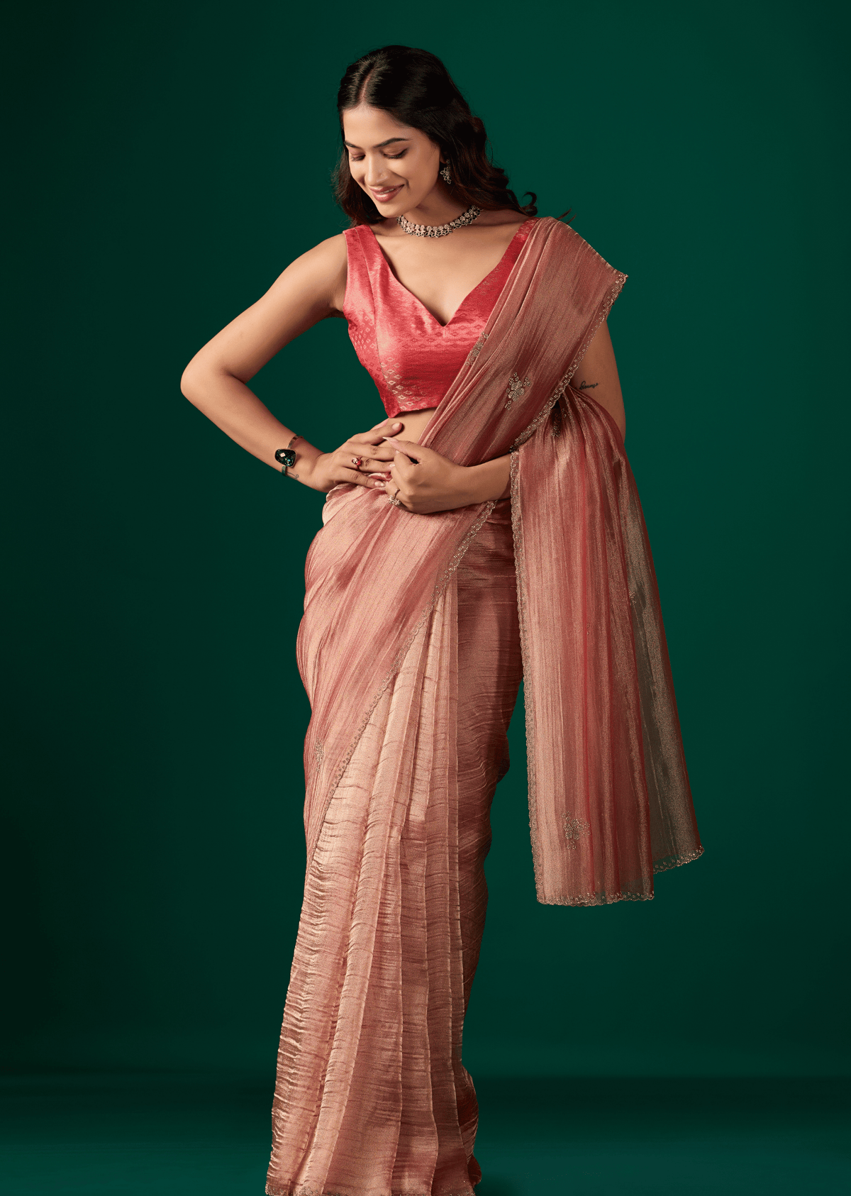 Red Organza Saree Styled Look - Wedding Party Wear