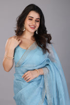 Sky blue stone work soft net saree