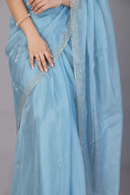 Sky blue stone work soft net saree