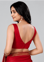 Deep Red Jacquard Sleeveless Sweetheart Neck Readymade Blouse for Women