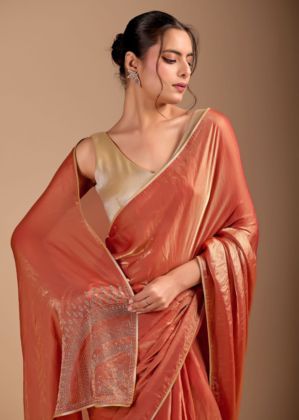 Peach Orange Organza Saree with Stone Work Border & Metallic Sheen