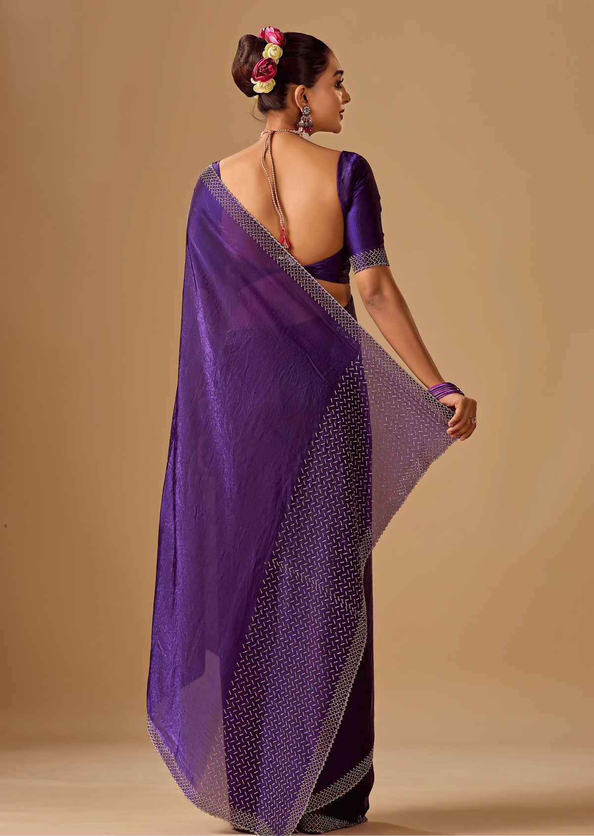 Royal Wine Tissue Silk Saree With Crystal Stone Border