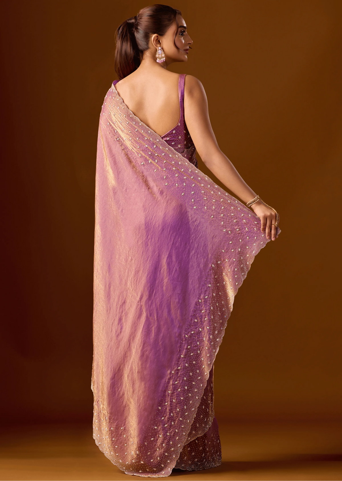 Purple Tissue Silk Saree Back Pose - Stone Work Detail