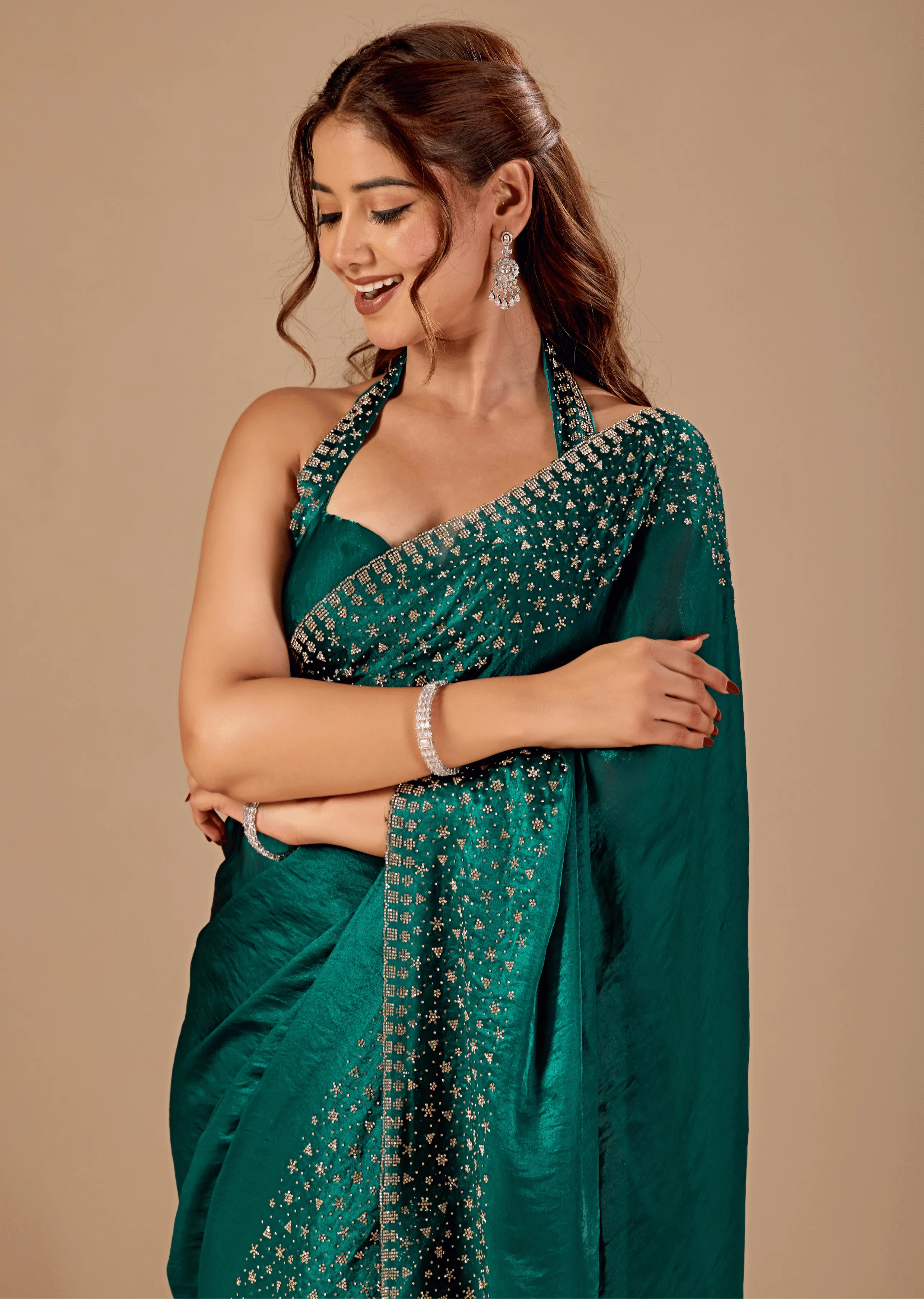  Bottle Green Tissue Silk Saree Side Pose - Wedding Wear Saree