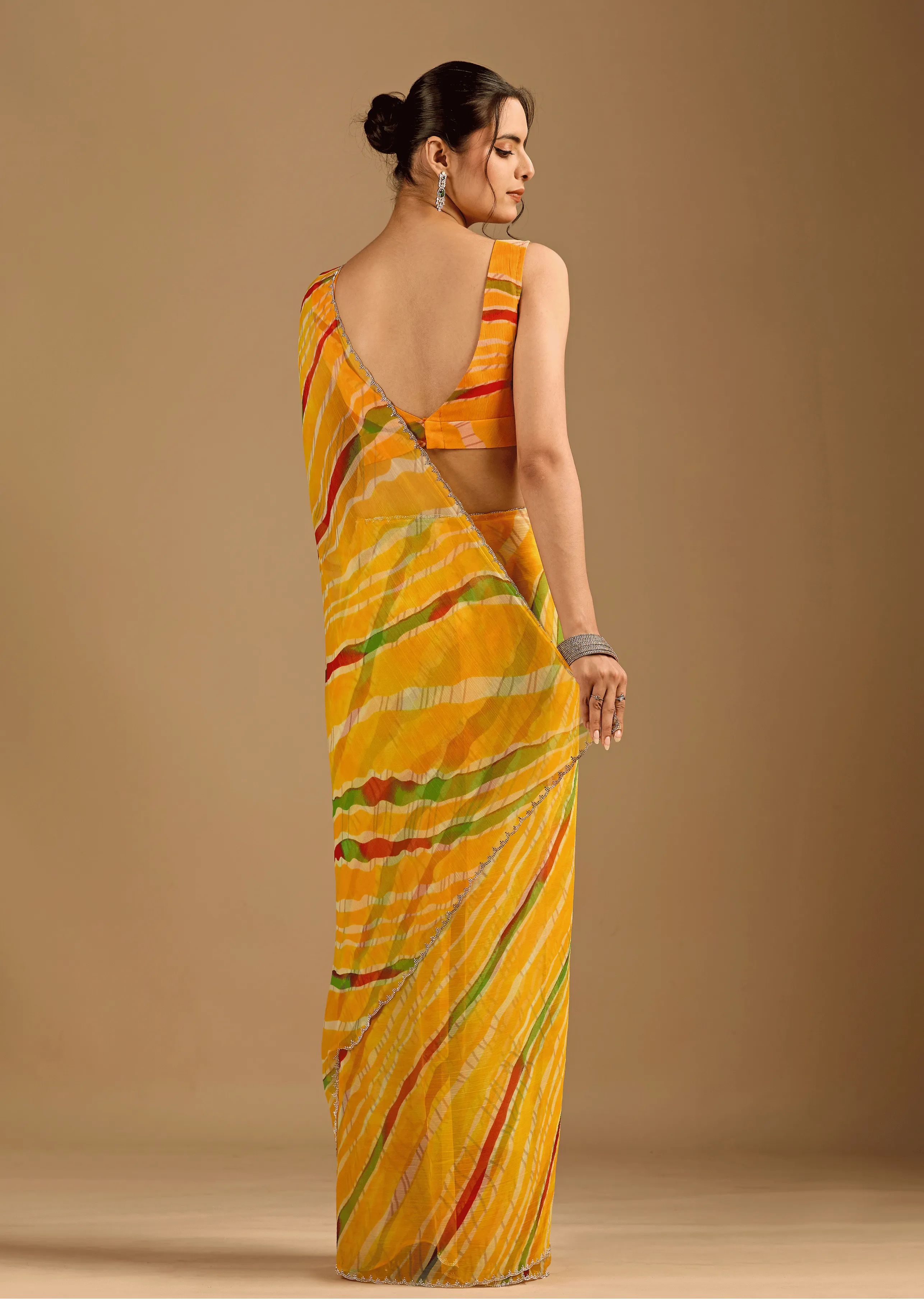 Mustard Yellow Chiffon Saree Back Pose - Stone Work Detail