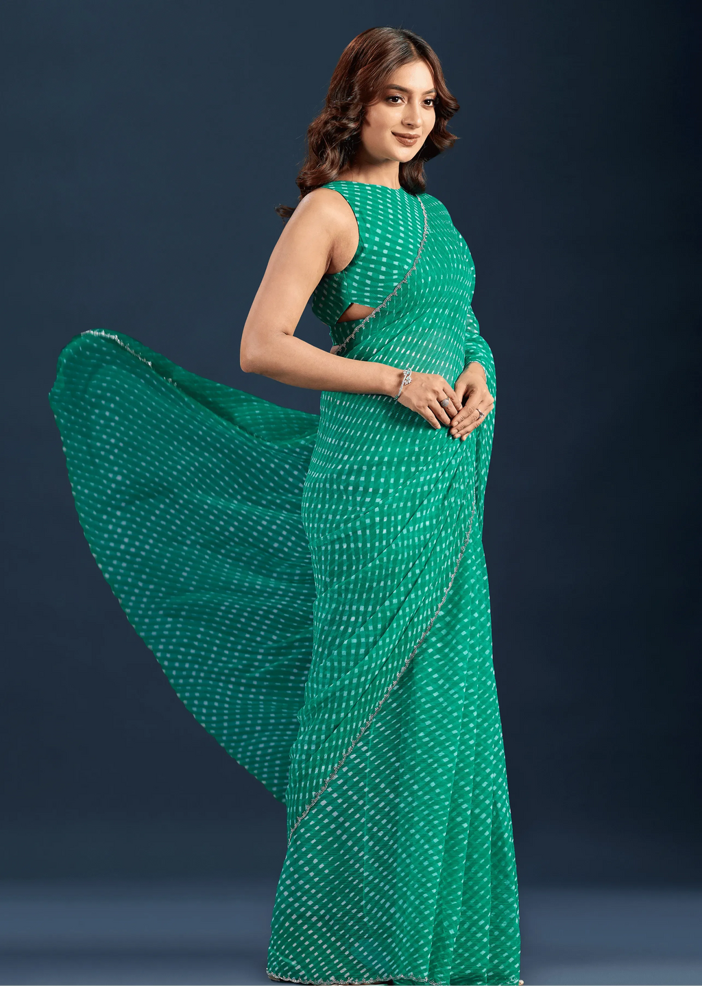 Teal Green Chiffon Saree With Leheriya Print - Photo 8 | Buy Online Ethnic9