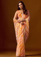 Peach Orange Chiffon Saree With Stone Work - Front Look | Buy On Ethnic9