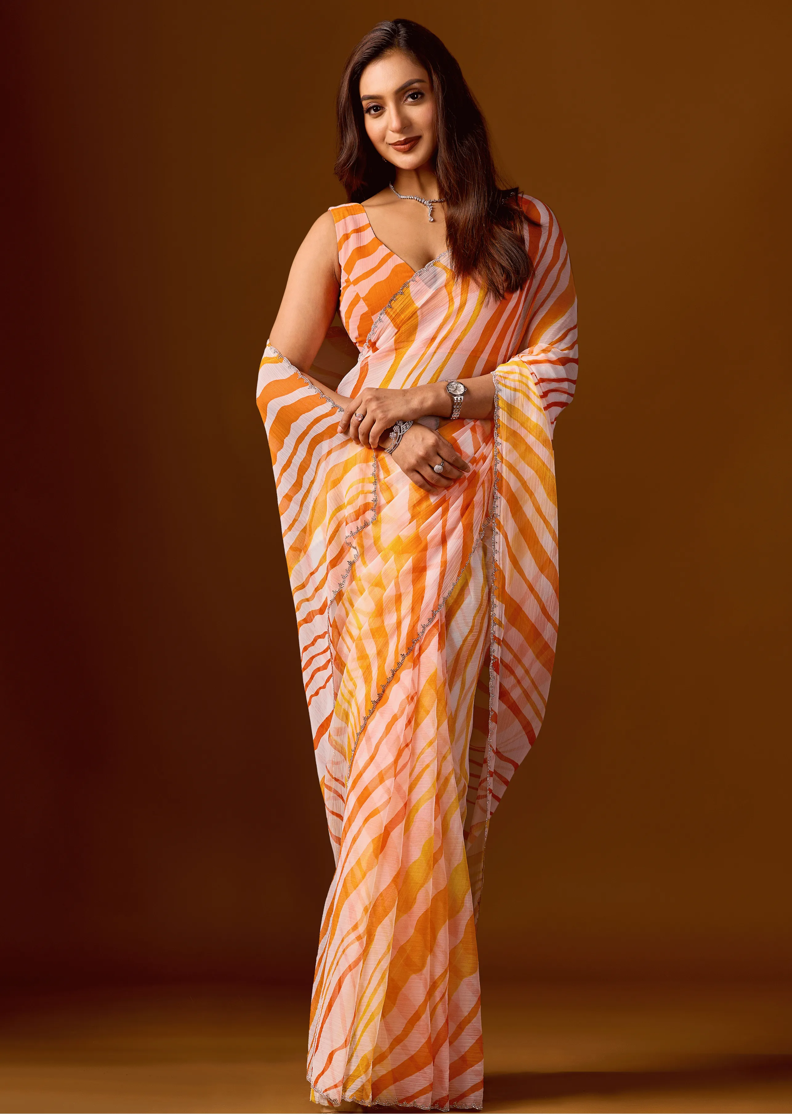 Peach Orange Chiffon Saree With Stone Work - Front Look | Buy On Ethnic9