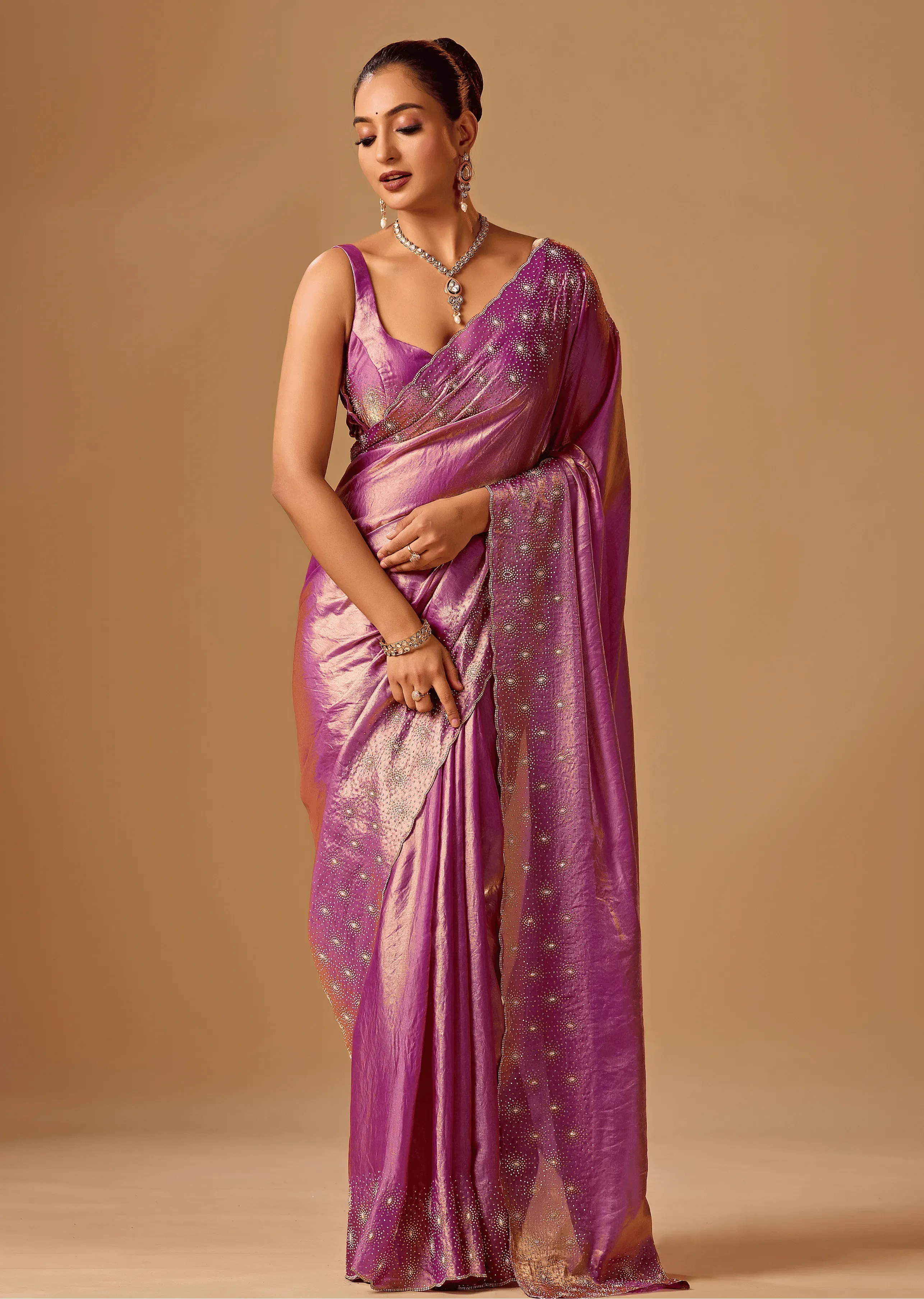 Orchid Purple Tissue Silk Saree With Stone Embroidery