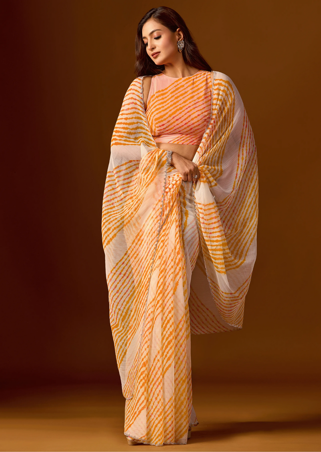 Mustard Yellow Chiffon Saree Blouse Close Up - Leheriya Print Design