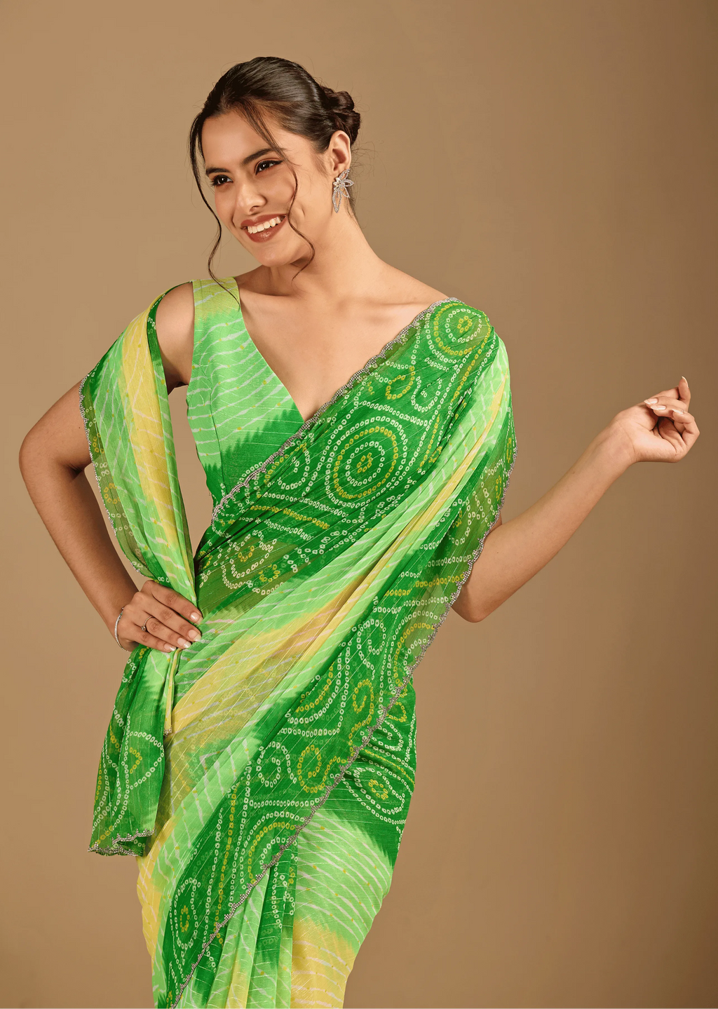 Parrot Green Chiffon Saree Close Up Pose - Haldi Ceremony Wear