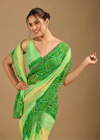 Parrot Green Chiffon Saree Close Up Pose - Haldi Ceremony Wear