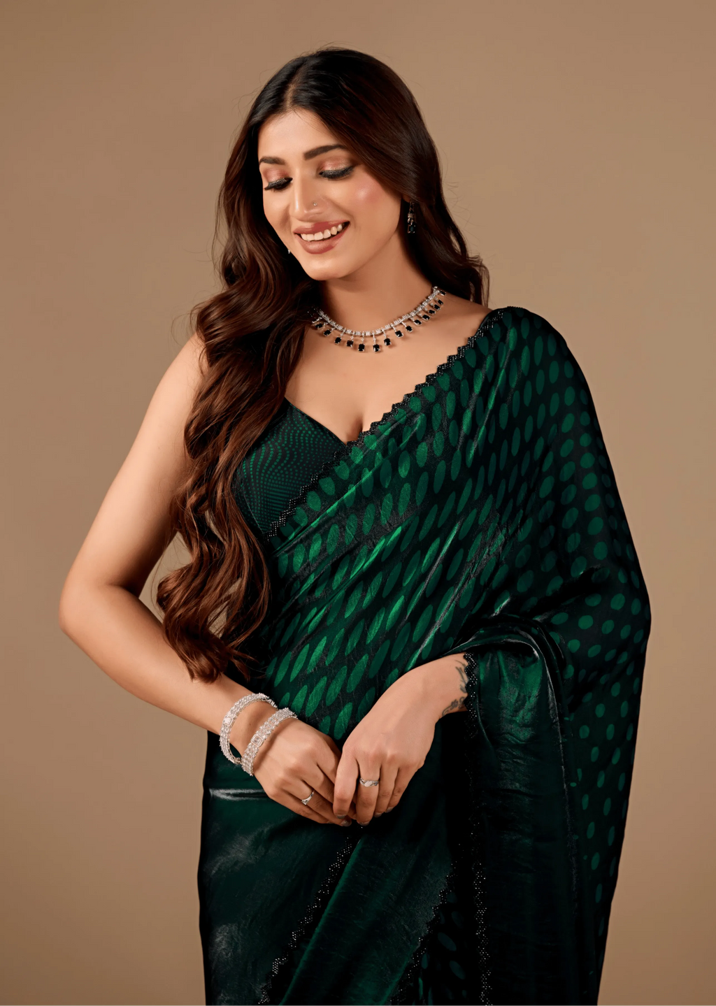 Bottle Green Organza Silk Saree Close Up Pose - Traditional Wear Saree