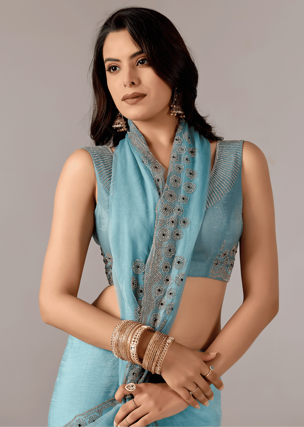 Sky Blue Tissue Saree With Stone Embroidery