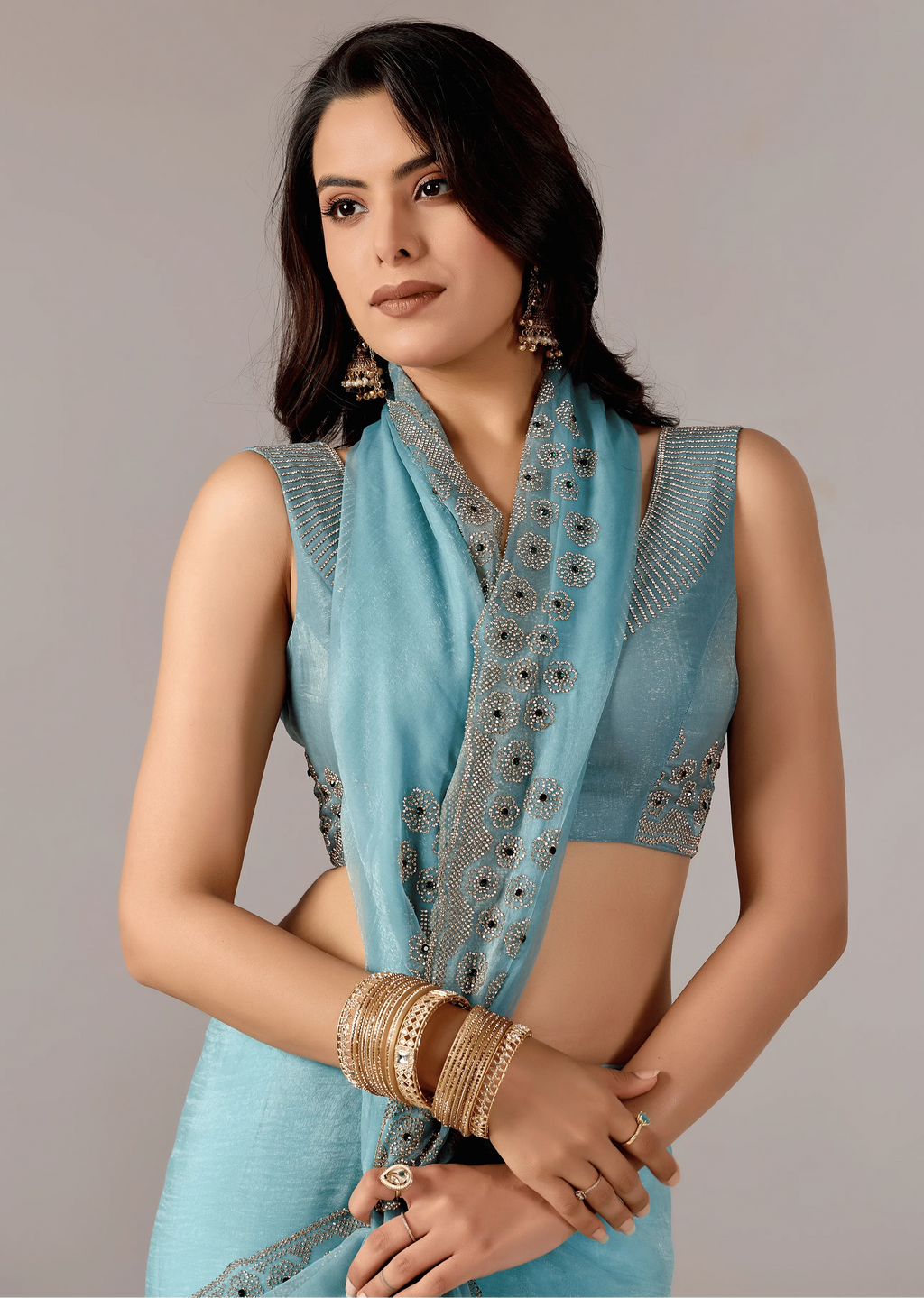 Sky Blue Tissue Saree Close Up Pose - Traditional Wear Saree
