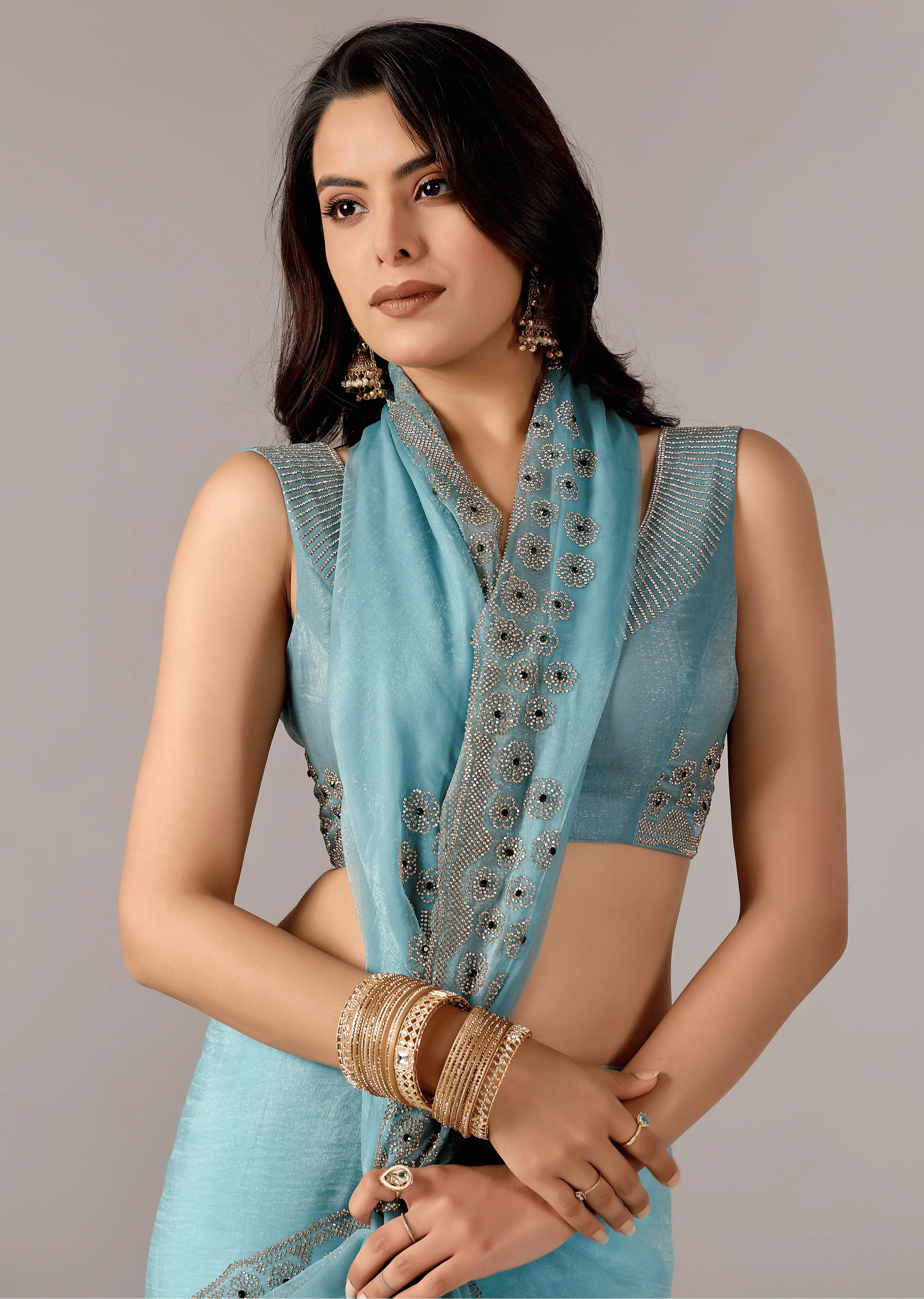 Sky Blue Tissue Saree Close Up Pose - Traditional Wear Saree