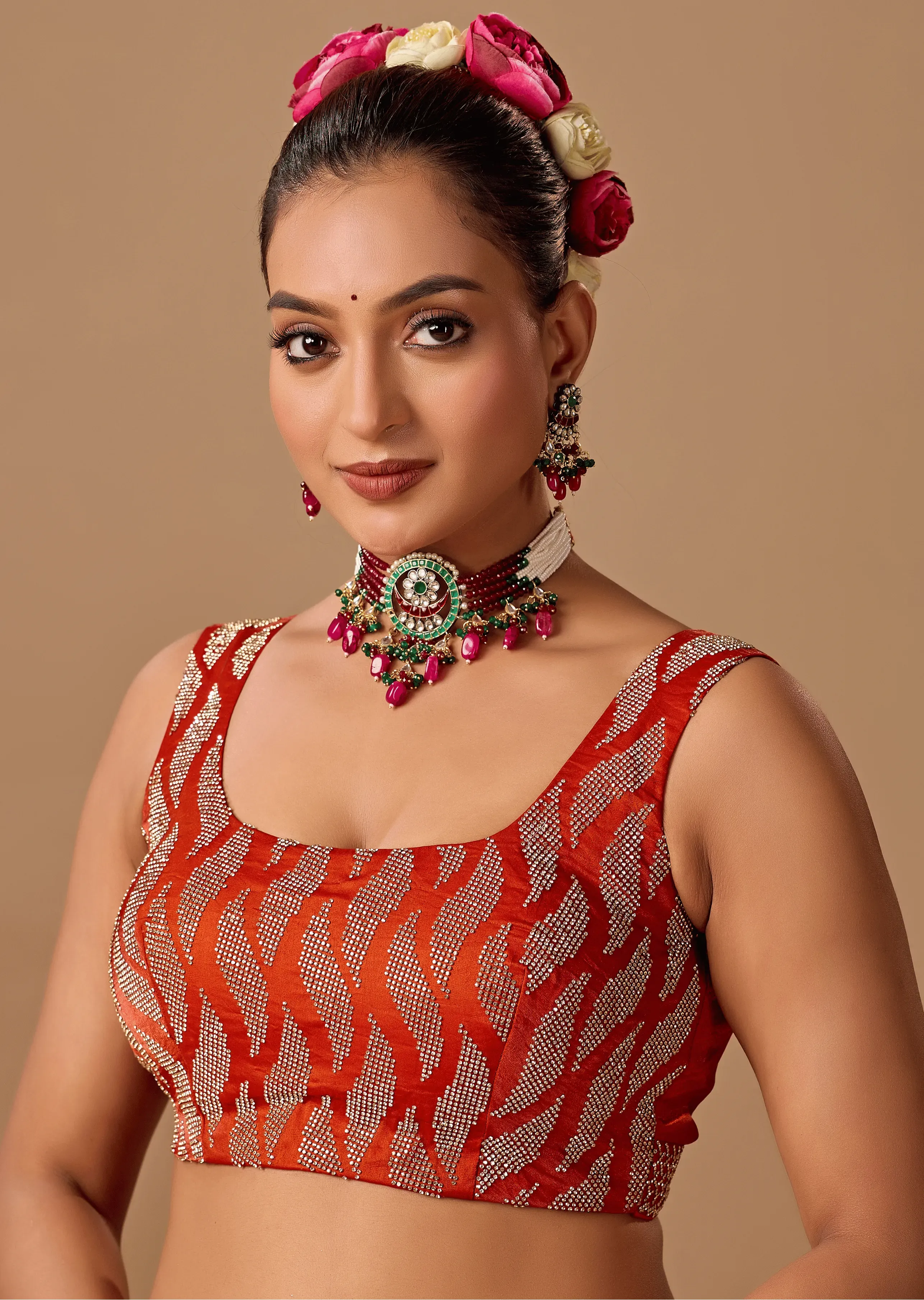 Burnt Orange Tissue Silk Saree With Rhinestone Border