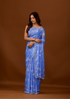 Sky Blue Organza Silk Saree With Heart Print & Stone Work