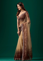 Coffee Brown Organza Saree Draped Look - Floral Print Design