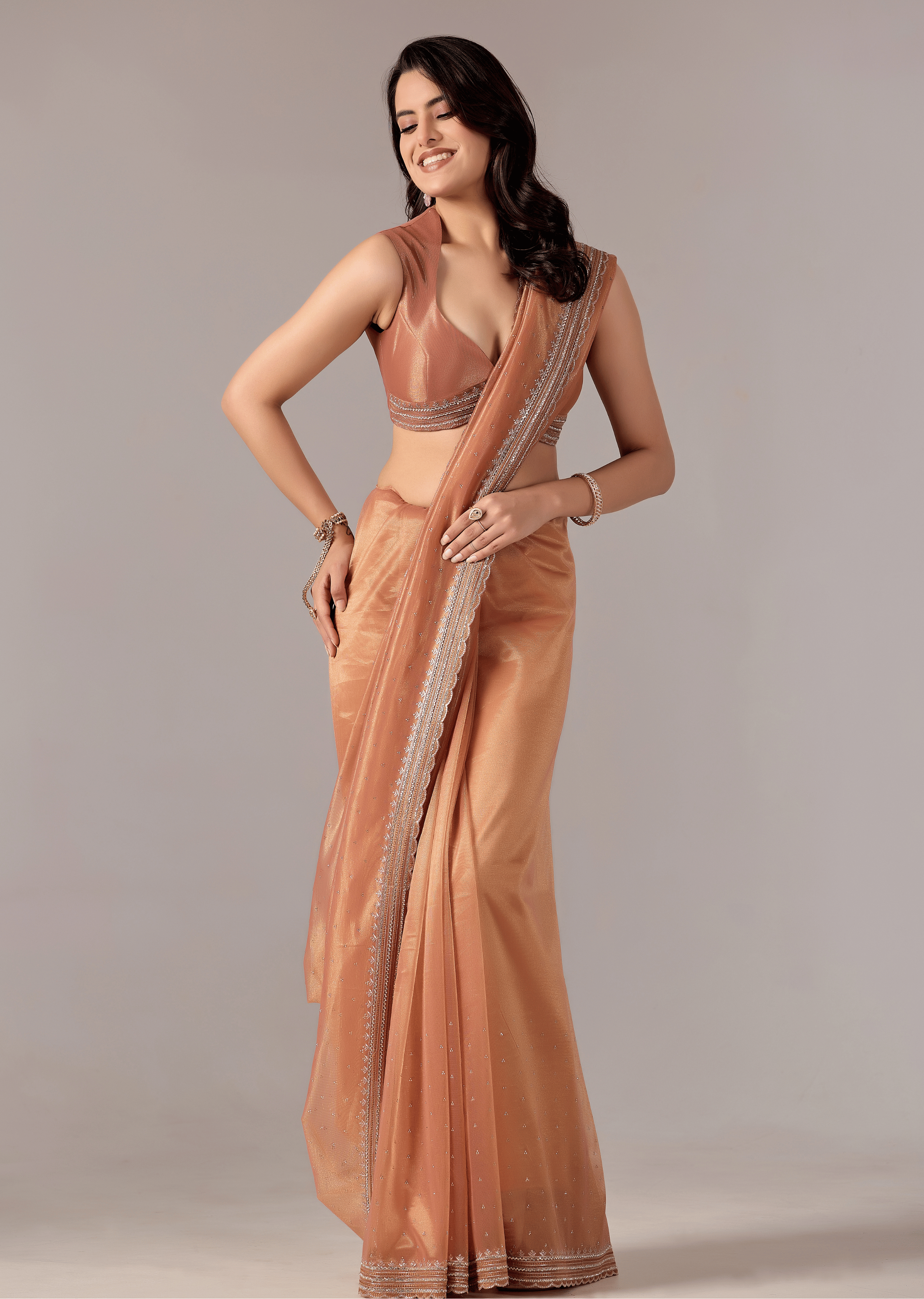 Orange Organza Saree With Sequin Border Work
