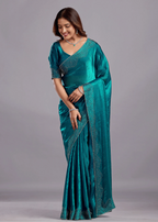 Teal Blue Tissue Silk Saree Close Up Pose - Reception Wear Saree