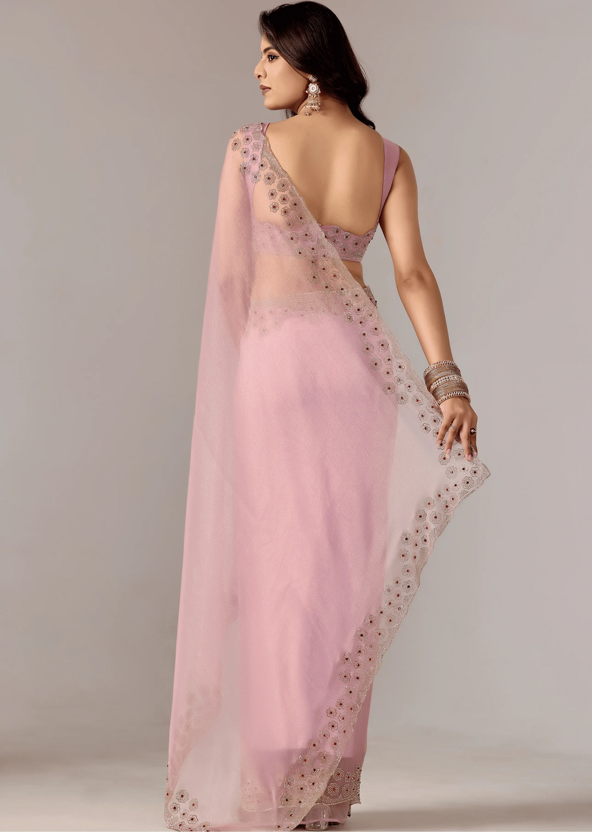 Lavender Purple Tissue Saree Back Pose - Stone Embroidery Detail
