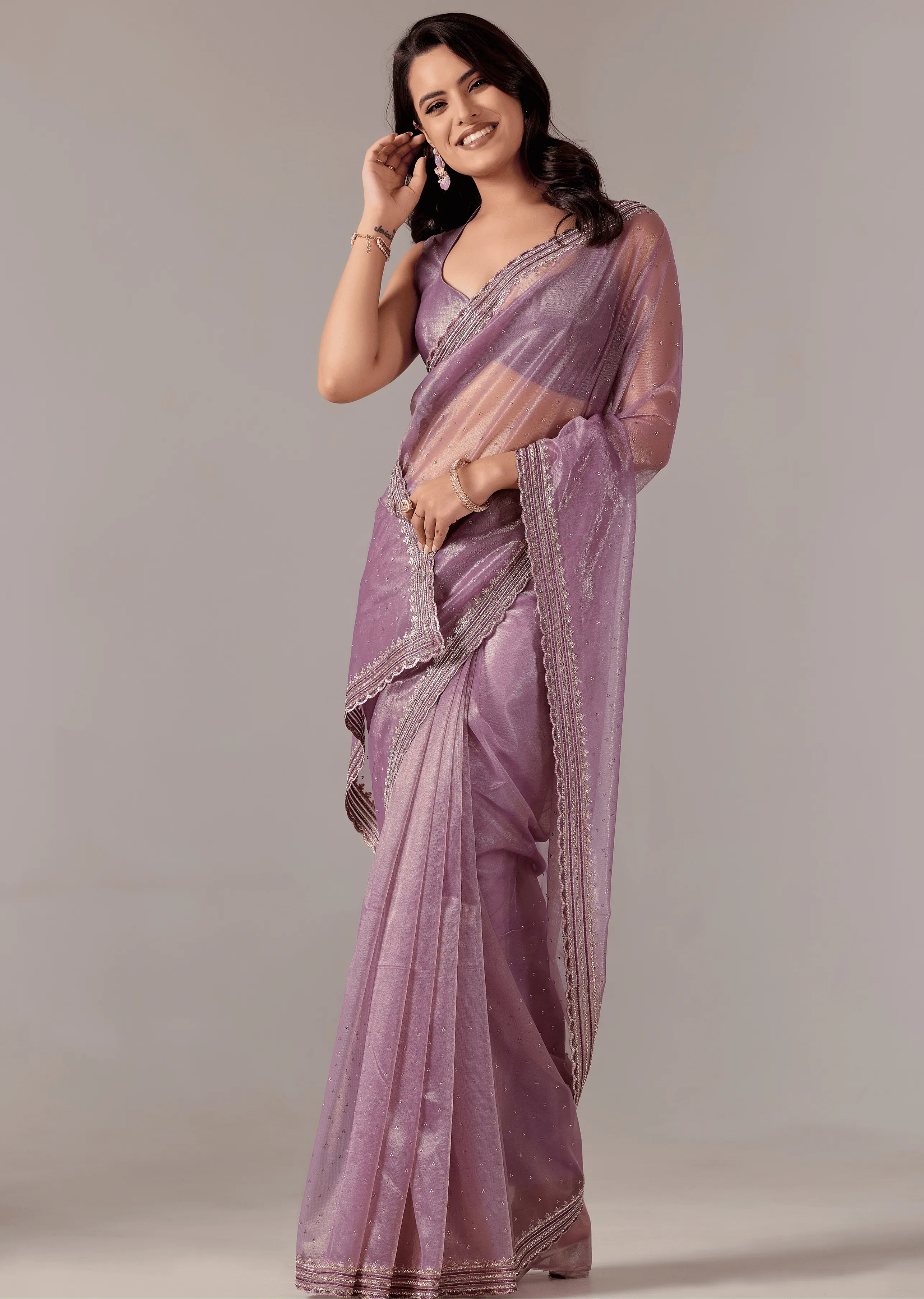 Purple Organza Saree With Sequin Border Work - Front Look | Buy On Ethnic9