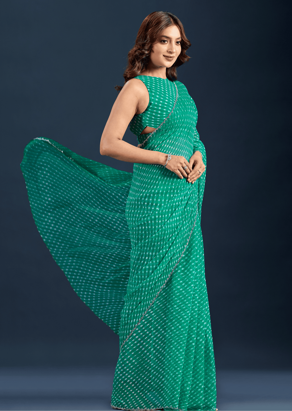 Teal Green Chiffon Saree With Leheriya Print
