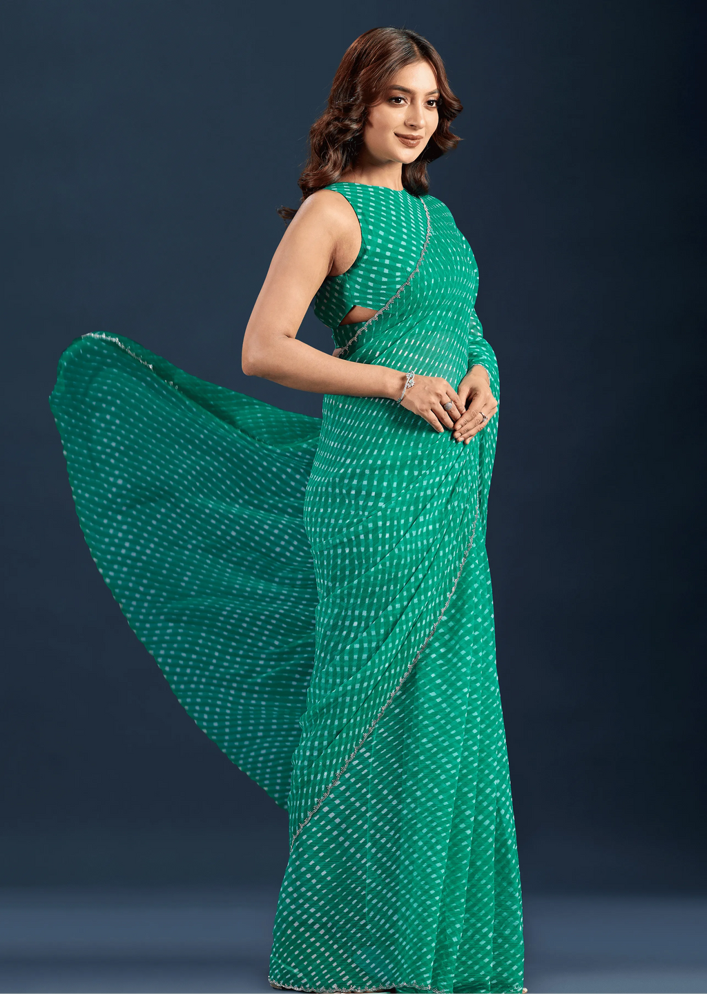Teal Green Chiffon Saree Blouse Close Up - Leheriya Print Design