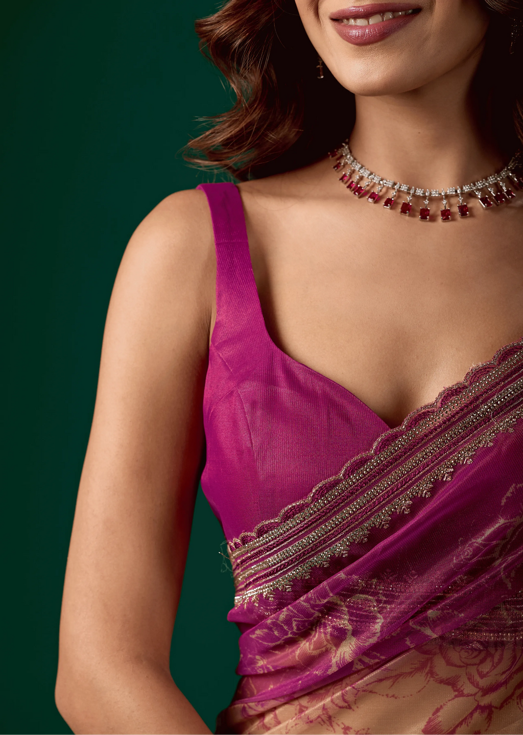 Rani Pink Organza Saree With Floral Print