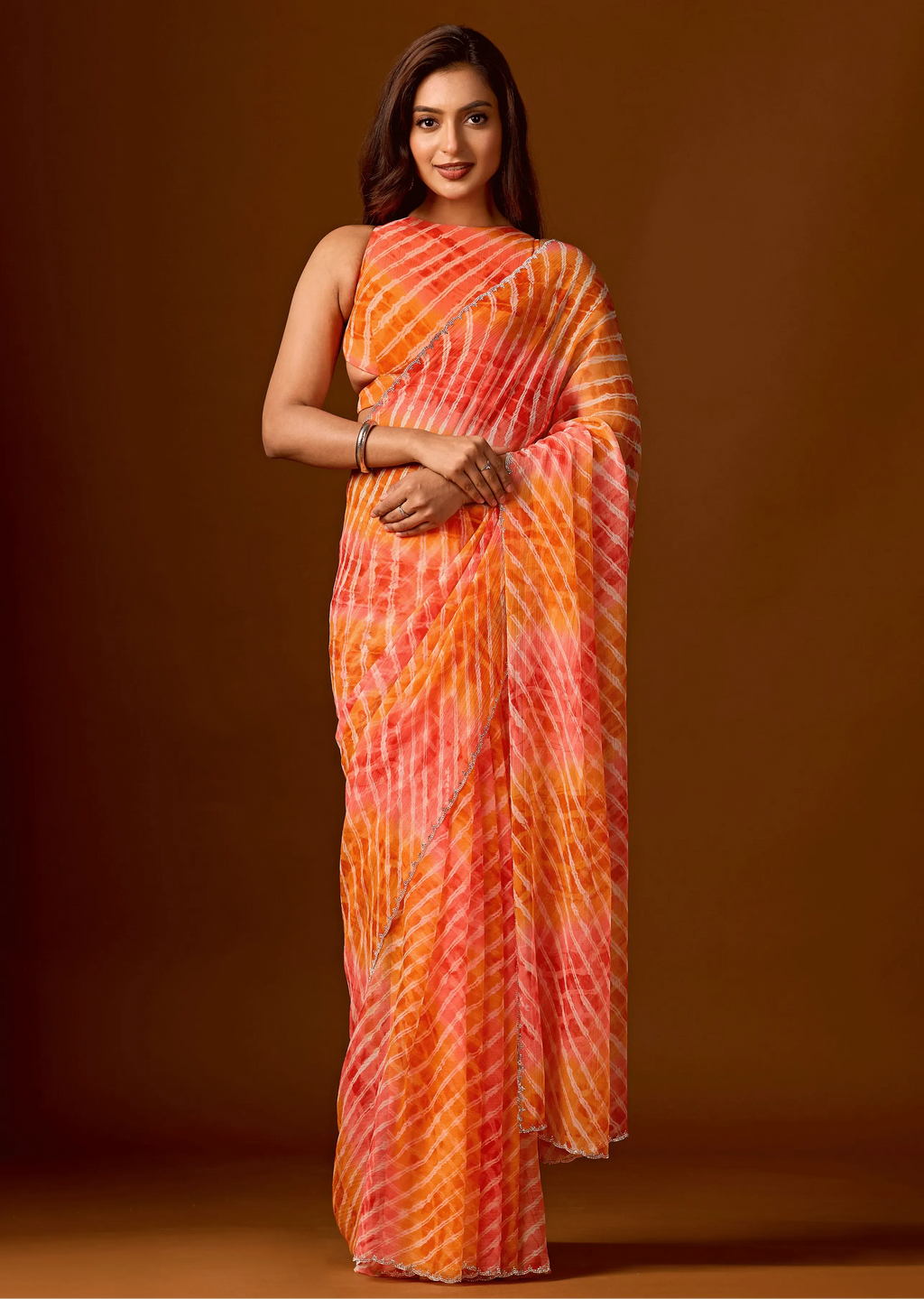 Sunset Orange Chiffon Saree With Shibori Print
