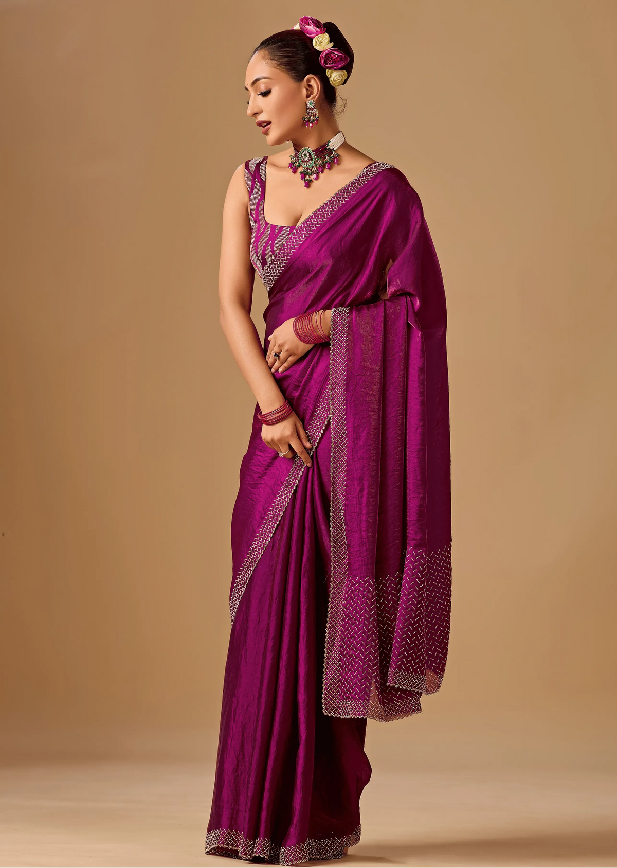 Magenta Purple Tissue Silk Saree With Crystal Stone Border