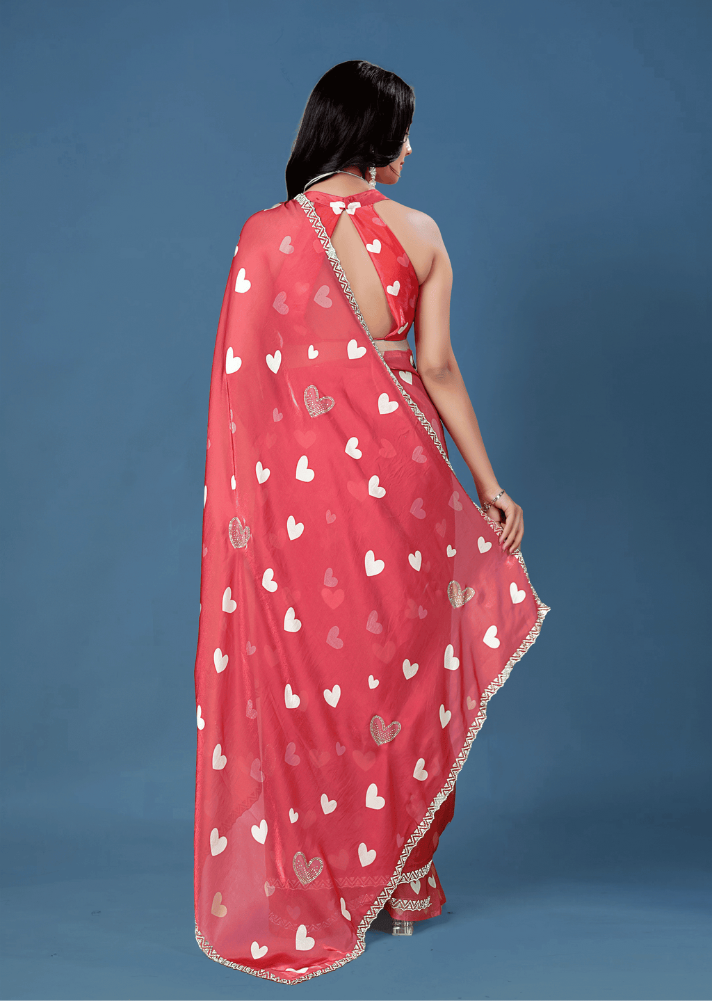 Coral Red Organza Silk Saree With Heart Print