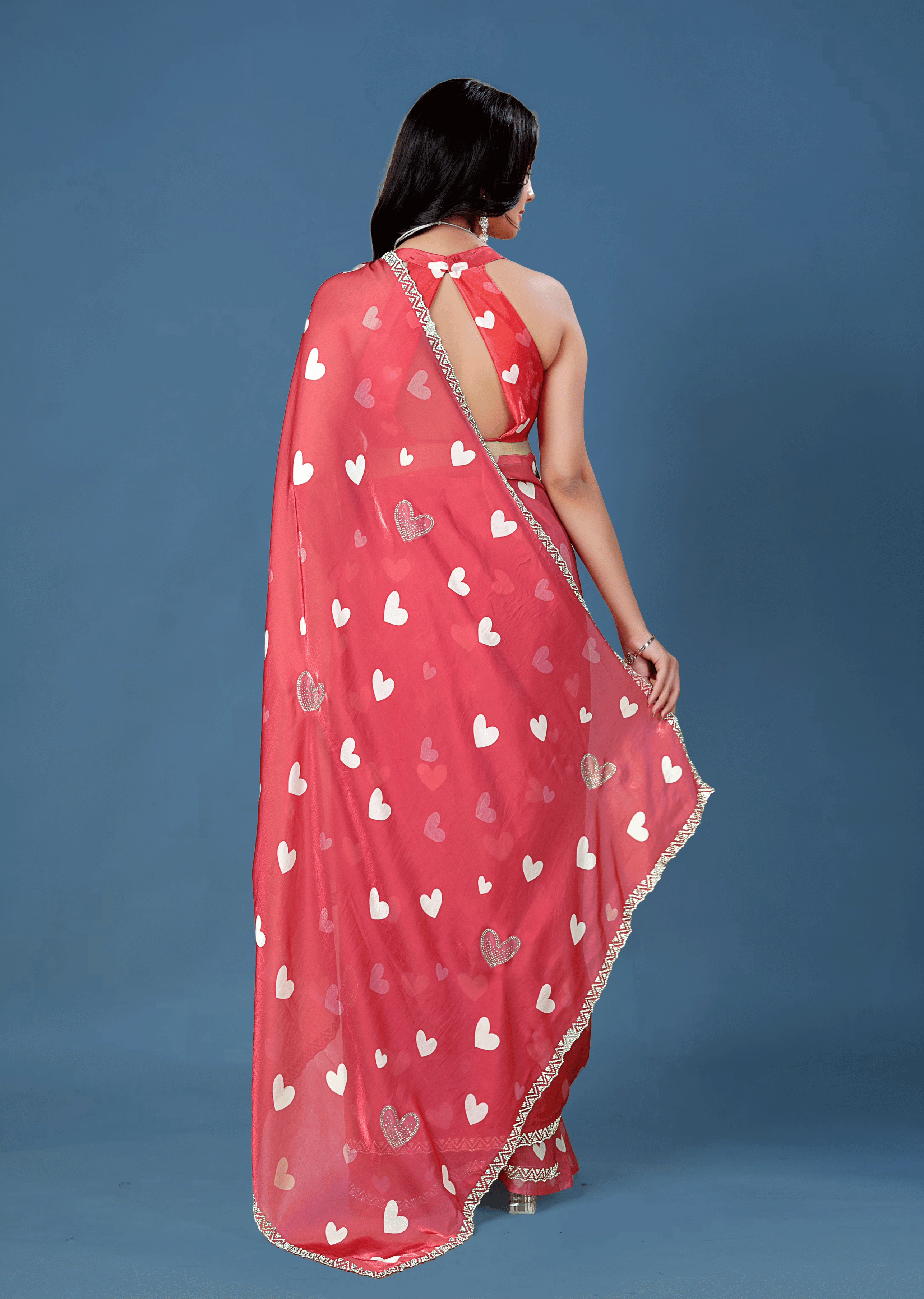 Coral Red Organza Silk Saree With Heart Print