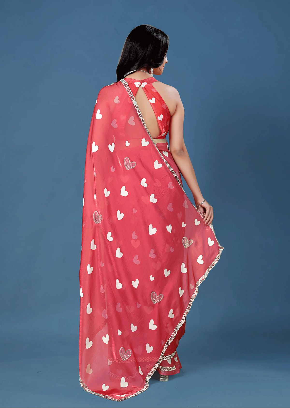 Coral Red Organza Silk Saree Back Pose - Heart Print Detail