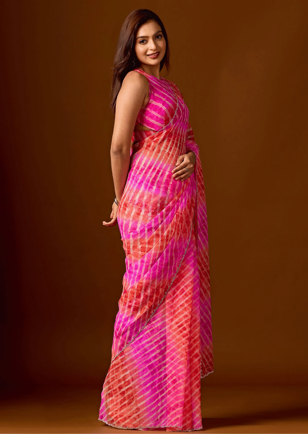Flamingo Pink Chiffon Saree With Shibori Print