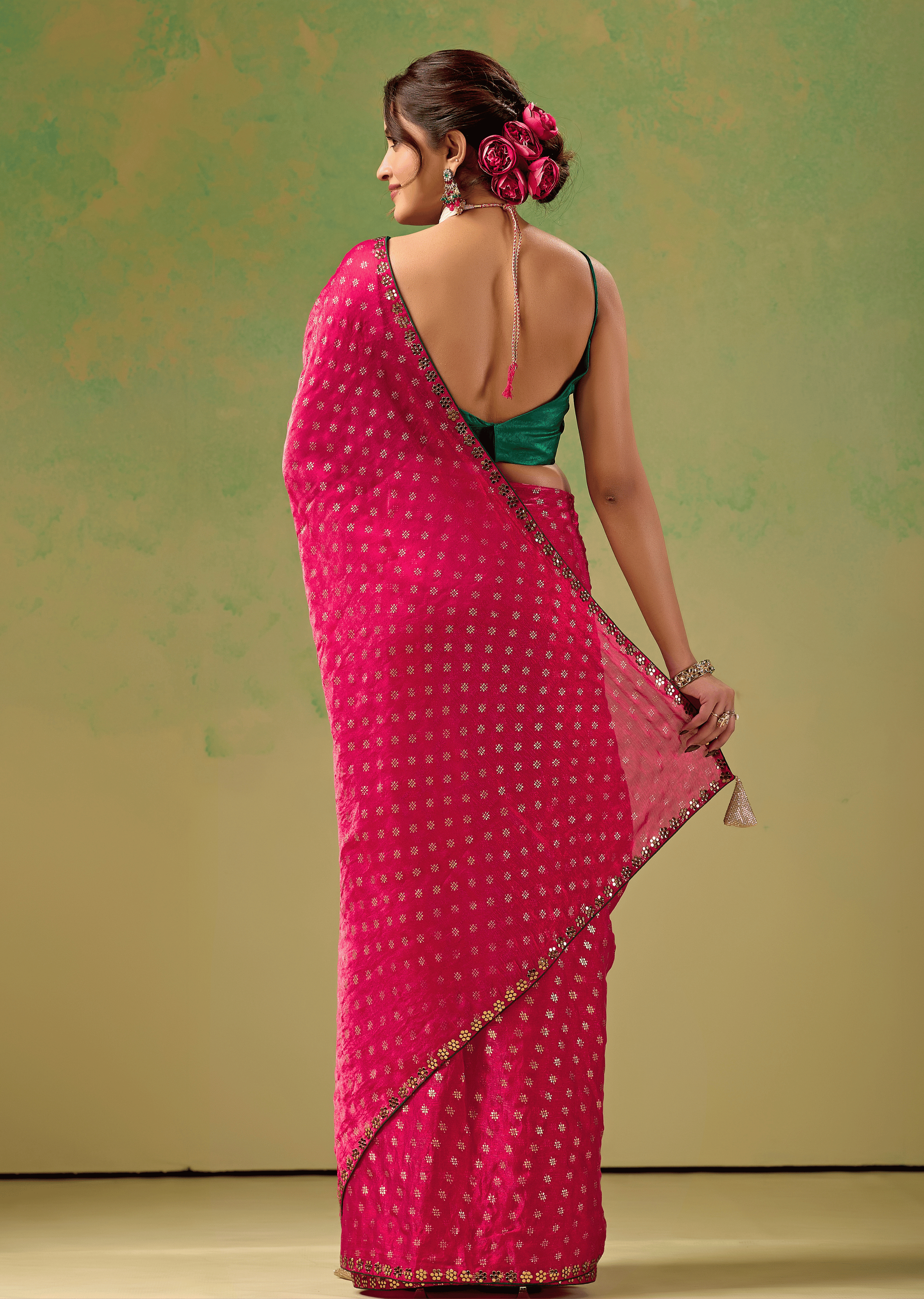 Rani Pink Tissue Silk Saree With Foil Butti Print