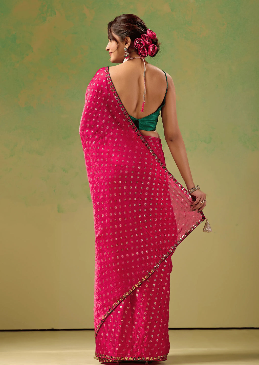 Rani Pink Tissue Silk Saree Back Pose - Foil Butti Print Detail