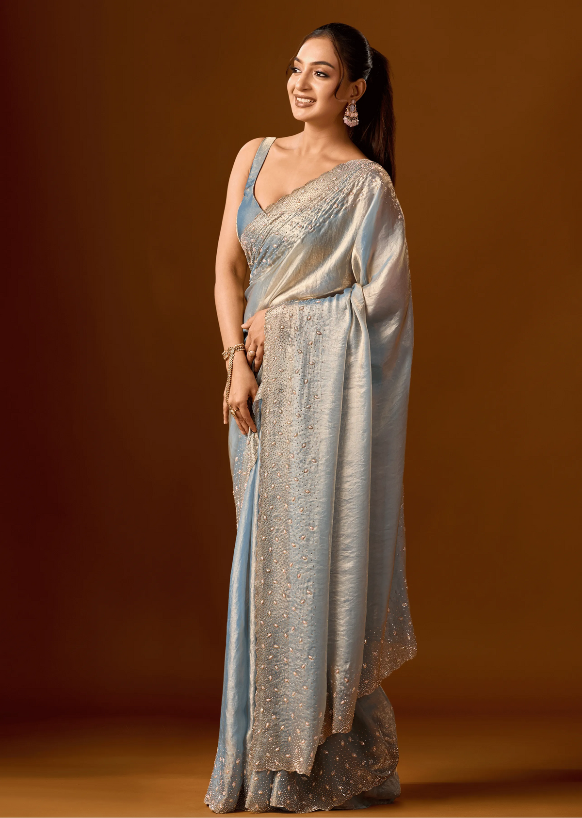 Sky Blue Tissue Silk Saree Standing Look - Festive Wear Saree