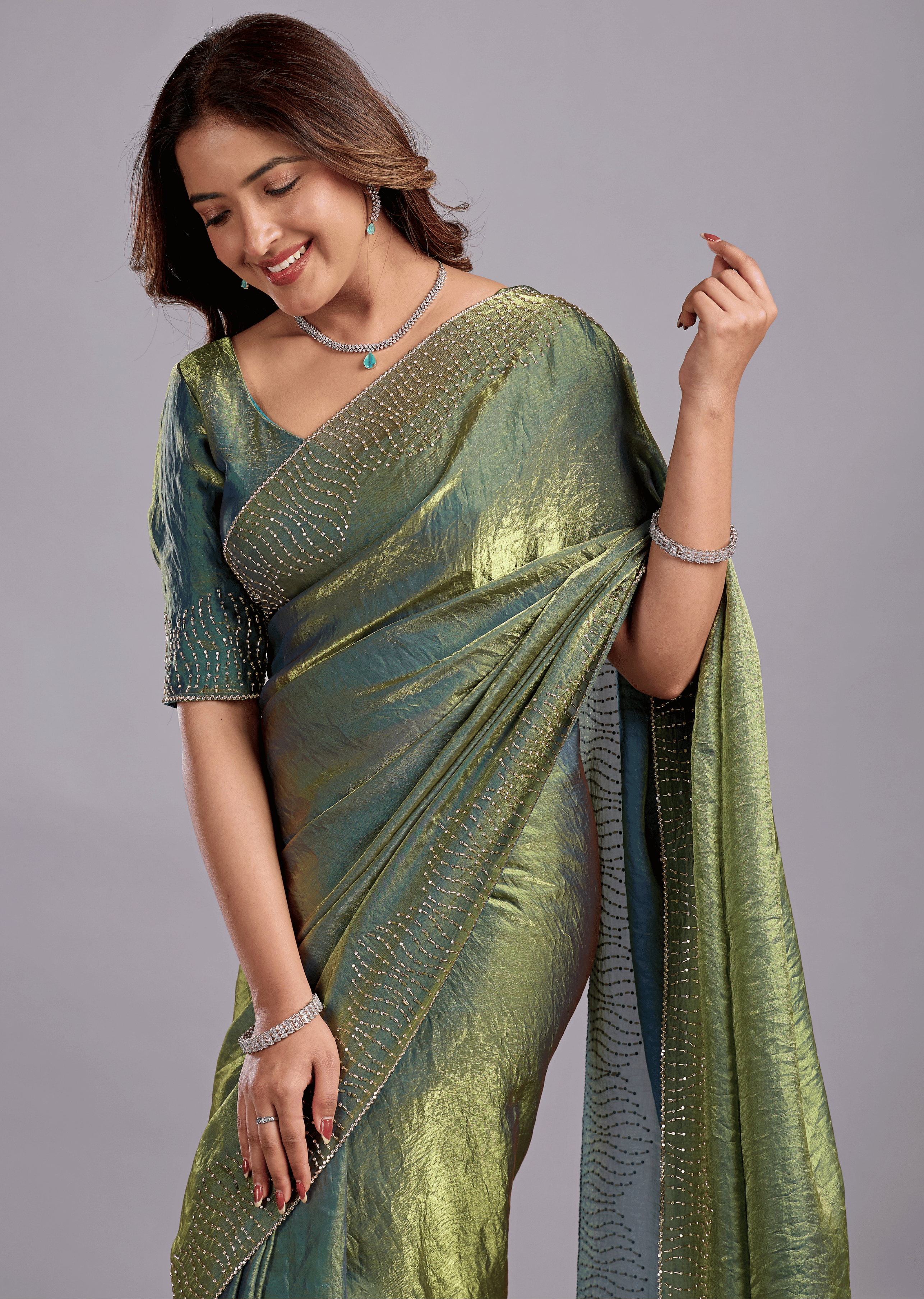 Olive Green Tissue Silk Saree With Stone Work