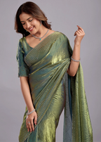 Olive Green Tissue Silk Saree Side Pose - Wedding Wear Saree